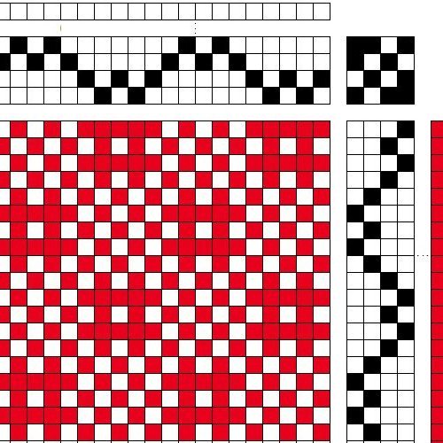Self-patterned tabby (sprang) on 4 shafts and 4 treadles, with added binding points.