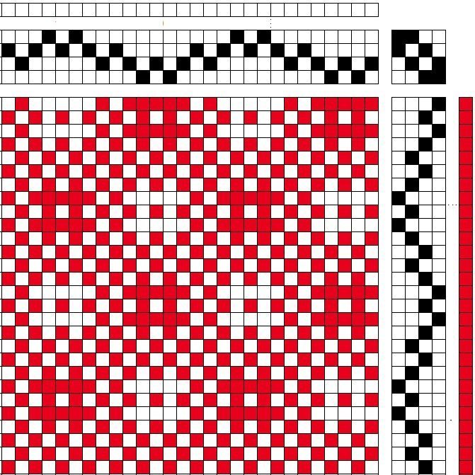 Self-patterned tabby (sprang) on 4 shafts and 4 treadles, with an even number of binding points (2/2).
