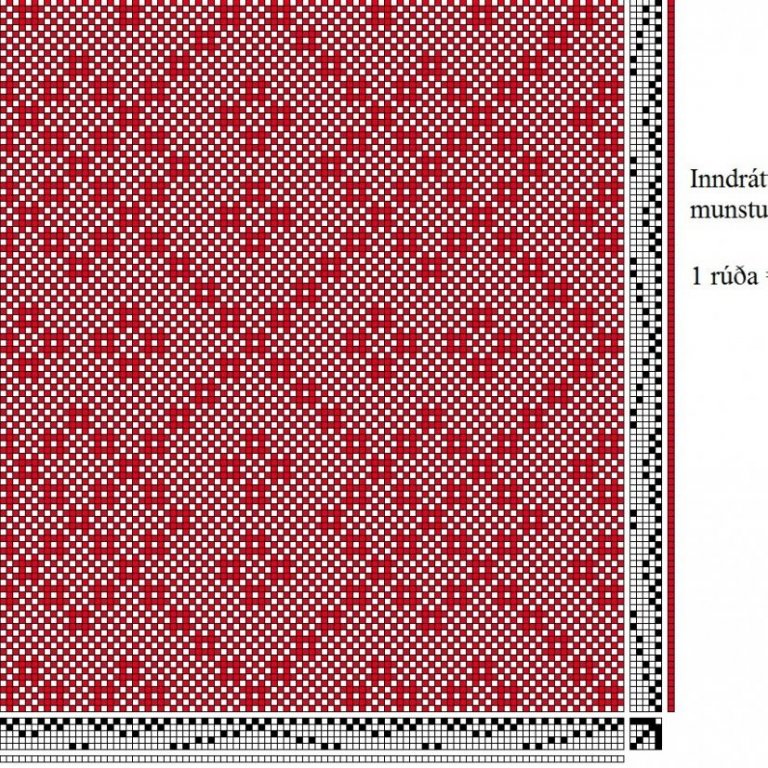 Color draft for 4-block self-patterned tabby (sprang) on 5 shafts and 5 treadles.