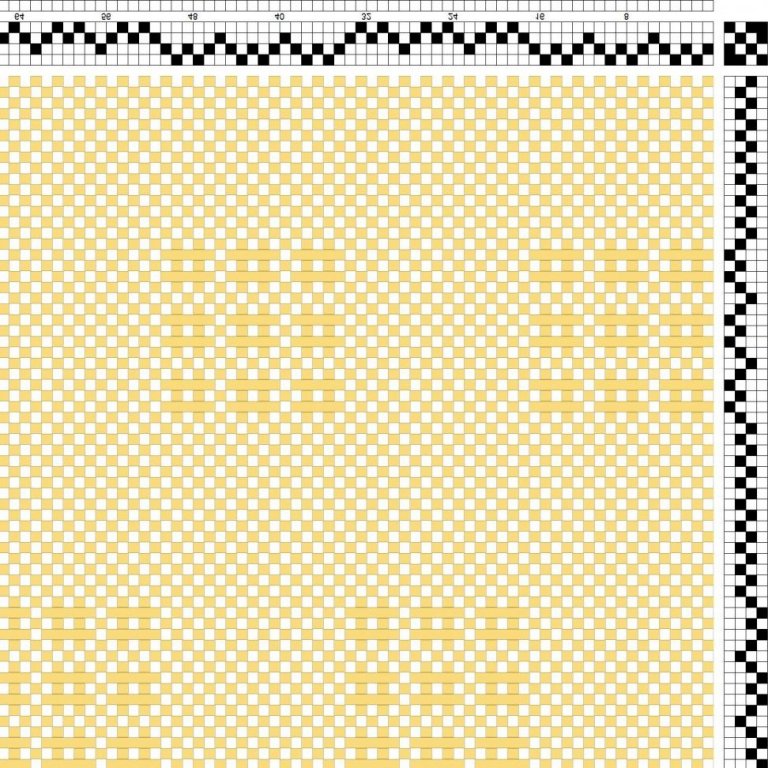 Color draft for self-patterned tabby (sprang) on 4 shafts and 3 treadles in 2 colors (1 warp color and 1 weft color). Suitable for curtains etc.