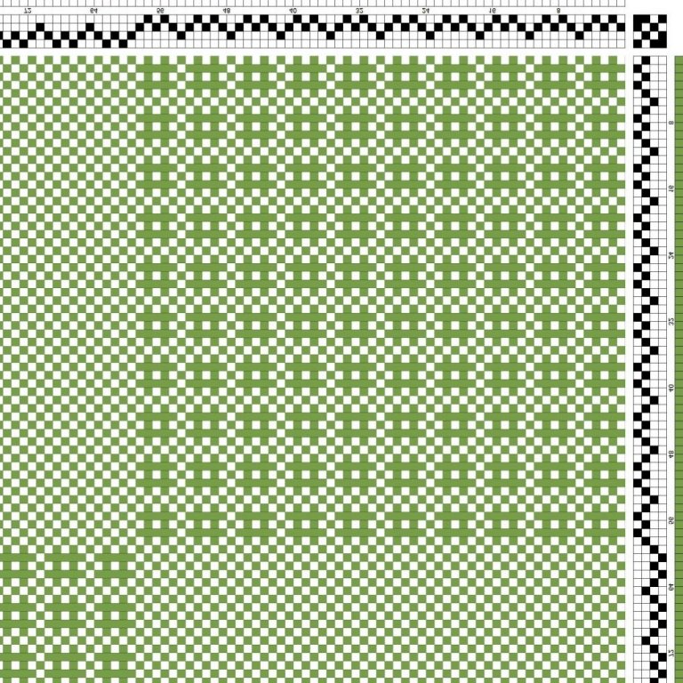 Color draft for block-reversed self-patterned tabby (sprang) on 4 shafts and 4 treadles with added binding points.
