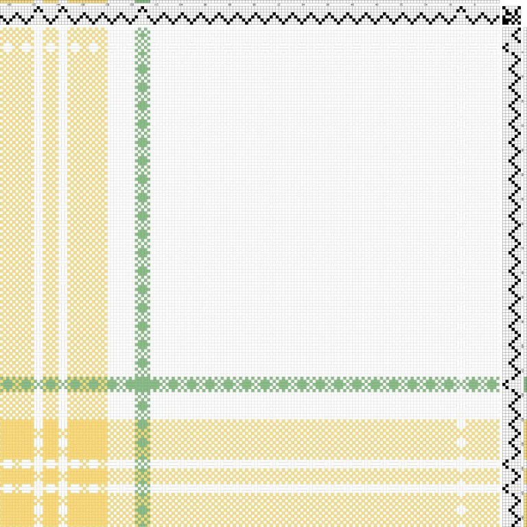Color draft for self-patterned weave with waffle weave and tabby on 6 shafts and 4 treadles. Beautiful structure for curtains or tablecloths.