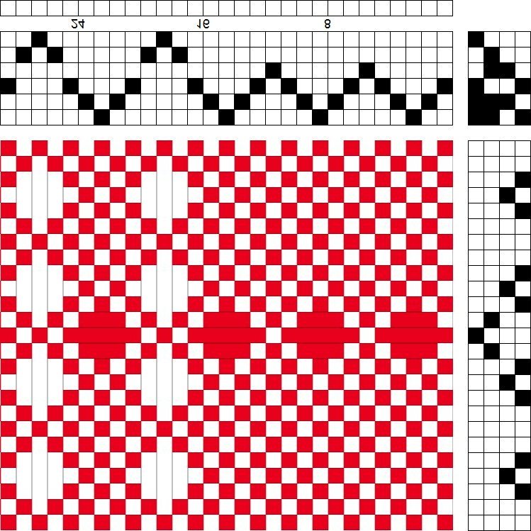 Self-patterned structure of waffle weave and tabby on 6 shafts and 4 treadles.