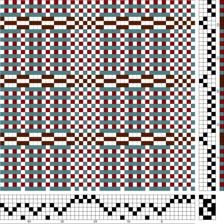 Bindi- og litamunstur fyrir langröndótta, sametta bindingu á sex sköft og fjögur skammel