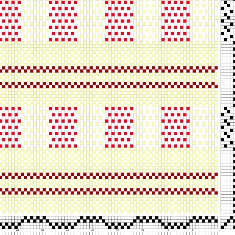 Bindimunstur fyrir einskeftubindingu með munsturköflum á fjögur sköft og sex skammel