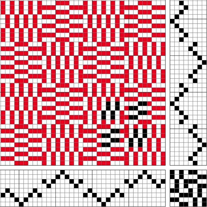 Grunnbindimunstur fyrir kaflaskipta, samsetta bindingu á átta sköft og átta skammel. Rúðótt samsetning þar sem inndráttar- og stigmunstur er eins