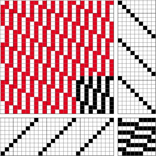Grunnbindimunstur fyrir samsetta bindingu á níu sköft og níu skammel, stækkaður ormeldúkur