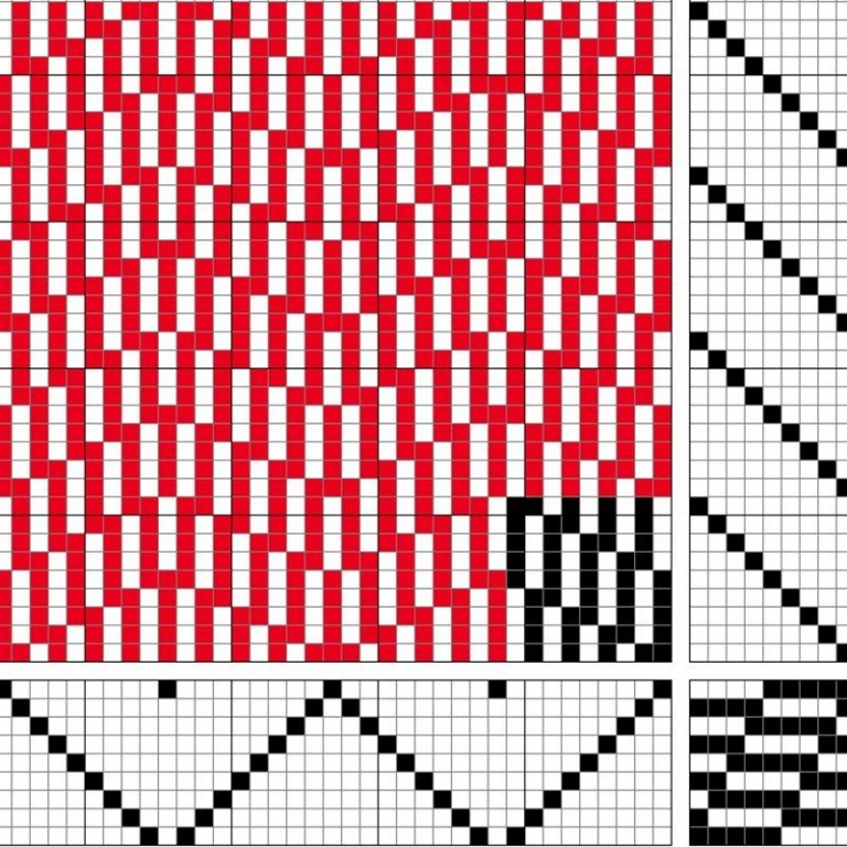 Grunnbindimunstur fyrir samsetta bindingu á níu sköft og níu skammel, stækkaður ormeldúkur. Inndráttarmunstur í odda og beint stigmunstur