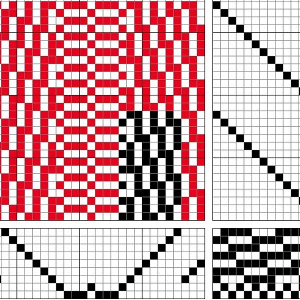 Grunnbindimunstur af samsettri bindingu á níu sköft og 14 skammel. Bindingin kemur út sem lóðrétt samsetning