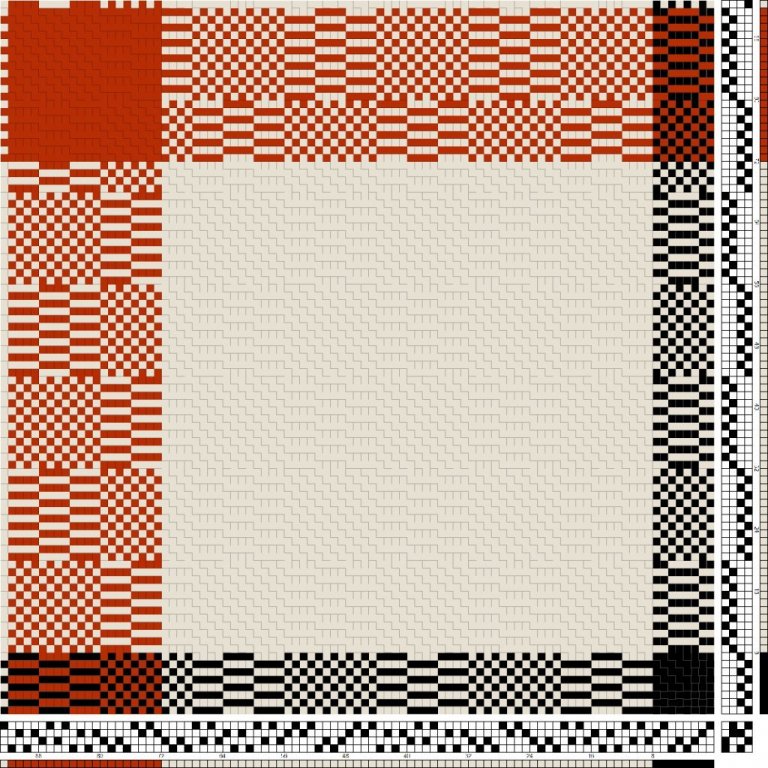 Bindi- og litamunstur fyrir samsetta bindingu á fjögur sköft og fjögur skammel. Rúðótt samsetning úr einskeftu og vaðmáli 2/2