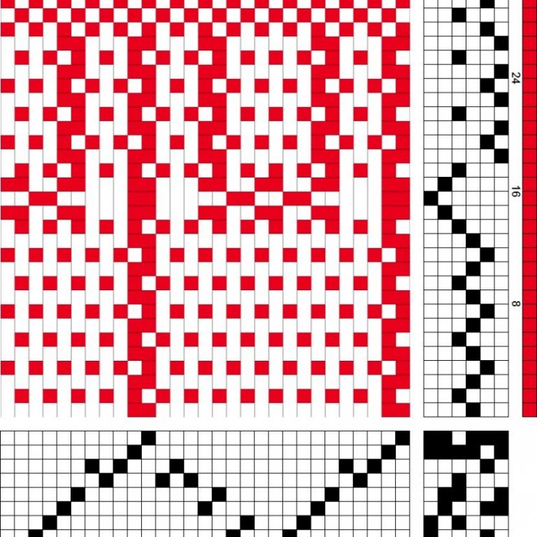 Grunnbindimunstur fyrir samsetta bindingu á 10 sköft og sex skammel, ætlað i gluggatjöld