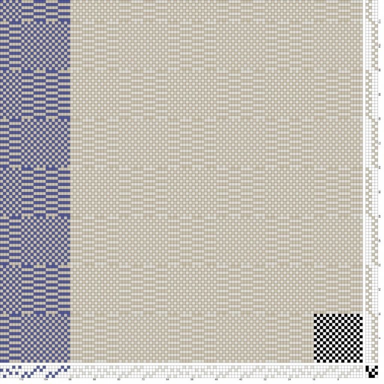 Bindi- og litamunstur fyrir rúðótta samsetningu á fjögur sköft og fjögur skammel, uppbinding vaðmál 2/2 og einskefta