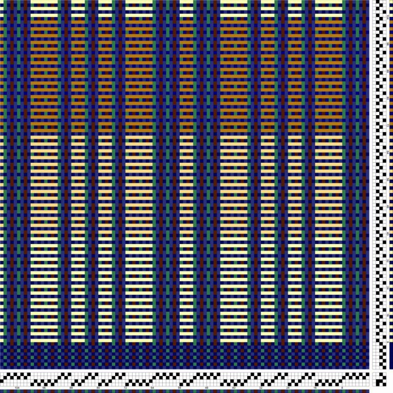 Bindi- og litamunstur fyrir samsetta bindingu á fjögur sköft og þrjú skammel