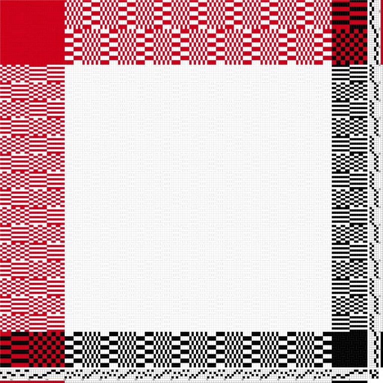 Bindi- og litamunstur fyrir rúðótta, samsetta bindingu á fjögur sköft og fjögur skammel, fyrir borðdúk skv. gögnum