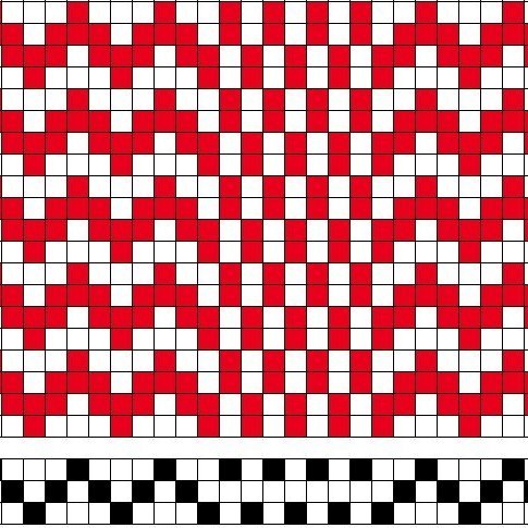 Grunnbindimunstur fyrir samsetta bindingu í oddavaðmáli og einskeftu á þrjú sköft og fjögur skammel. Langröndótt