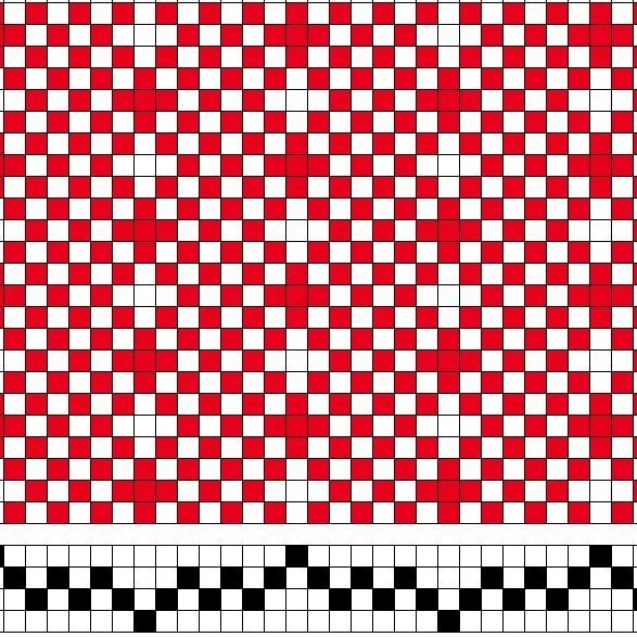 Grunnbindimunstur fyrir samsetta bindingu á fjögur sköft og fjögur skammel. Langröndótt binding úr einskeftu og vaðmáli 2/2