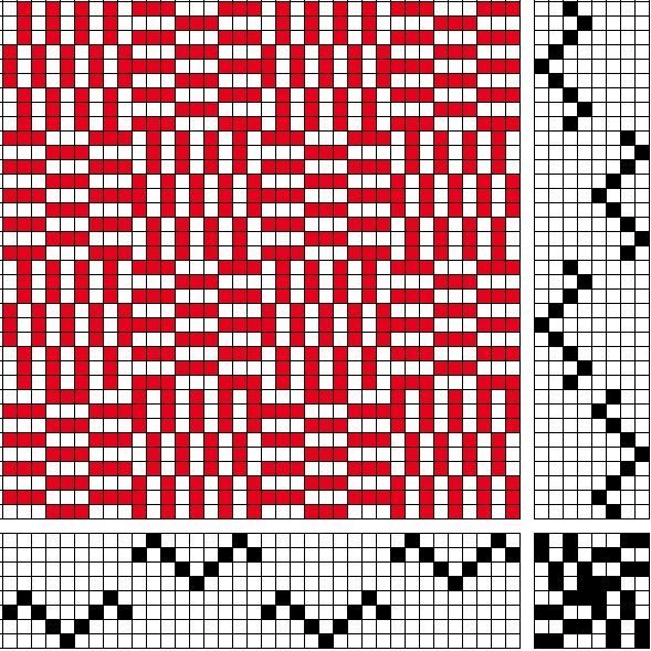 Grunnbindimunstur fyrir kaflaskipta, samsetta bindingu á átta sköft og átta skammel. Rúðótt samsetning þar sem inndráttar- og stigmunstur er eins
