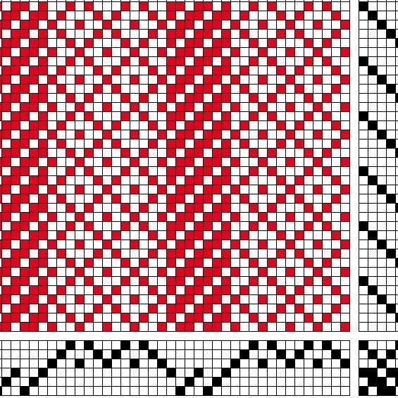 Grunnbindimunstur fyrir kaflaskipta, samsetta bindingu á sex sköft og sex skammel. Langröndótt samsetning í vaðmáli