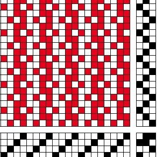 Grunnbindimunstur af samsettri bindingu á fjögur sköft og þrjú skammel, lóðrétt samsetning og oddastig