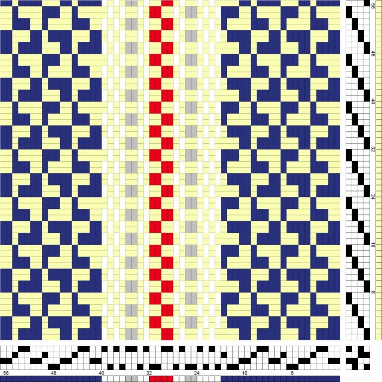 Bindi- og litamunstur fyrir sametta bindingu á fjögur sköft og fjögur skammel