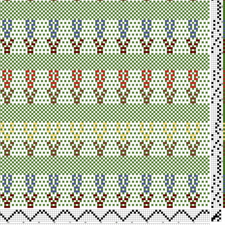 Bindi- og litamunstur fyrir sametta bindingu á sex sköft og fimm skammel