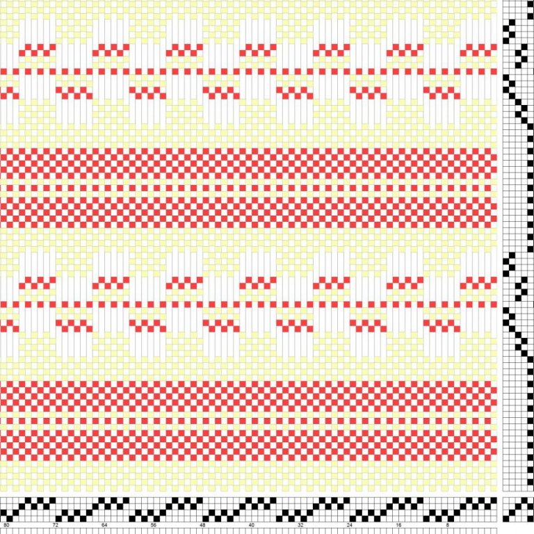Bindimunstur fyrir samsetta bindingu á fjögur sköft og sex skammel, t.d. í áklæði