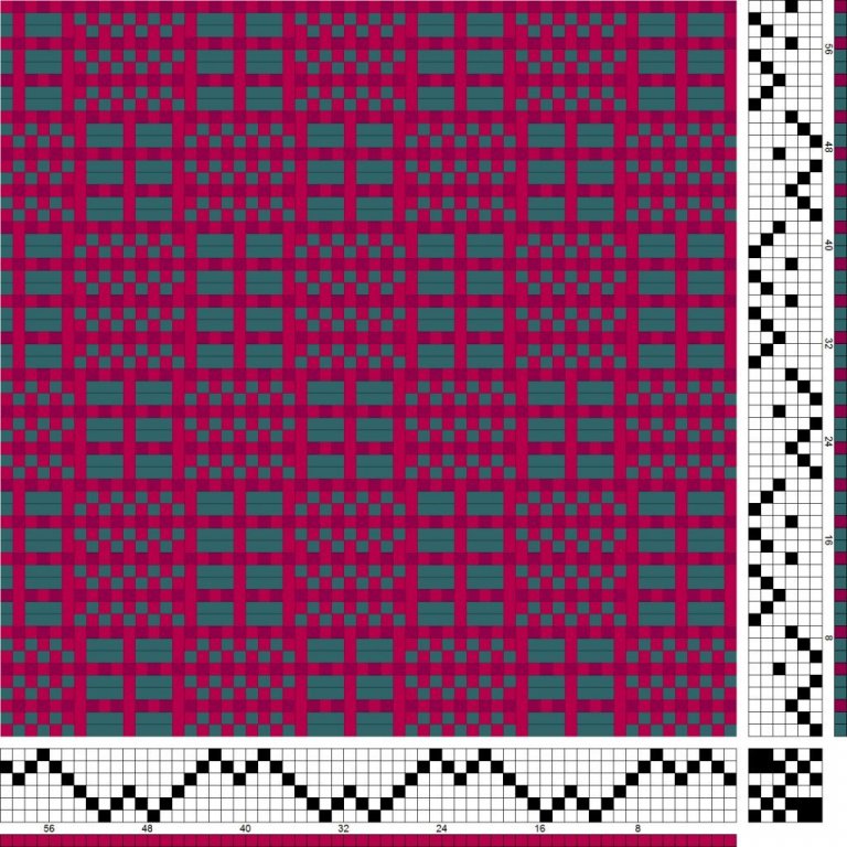 Bindi- og litamunstur fyrir sametta bindingu á sex sköft og sex skammel