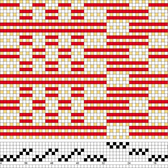 Bindi- og litamunstur fyrir sametta bindingu á sex sköft og fimm skammel. Ein munstureind fyrir bindimunstrið sem kemur hér næst á eftir