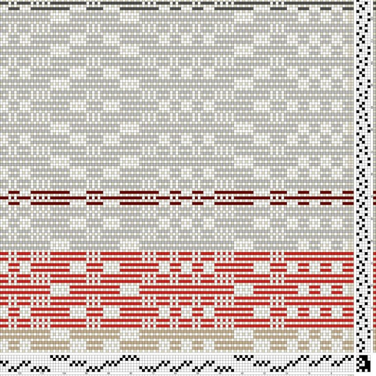 Bindi- og litamunstur fyrir sametta bindingu á sex sköft og fimm skammel. Tvær munstureindir í inndráttarmunstrinu en ein munstureind í litamunstrinu